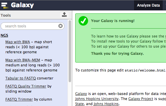 You have now successfully logged into your local Galaxy instance.  On the left hand side, click on the NGS link to expand the list of tools that are installed with this instance.